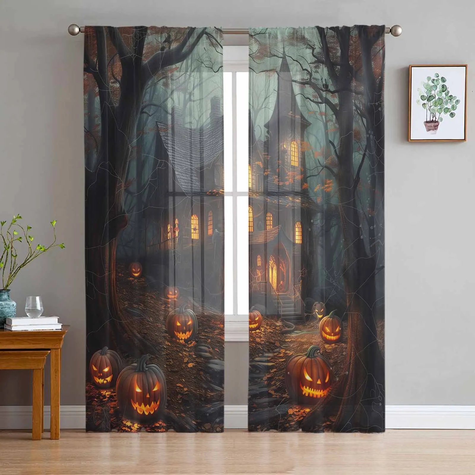 Alloween Castle Pumpkin Retro Grove Chiffon Sheer Curtains for Living Room Bedroom Decor Kitchen Window Voiles Tulle Curtain