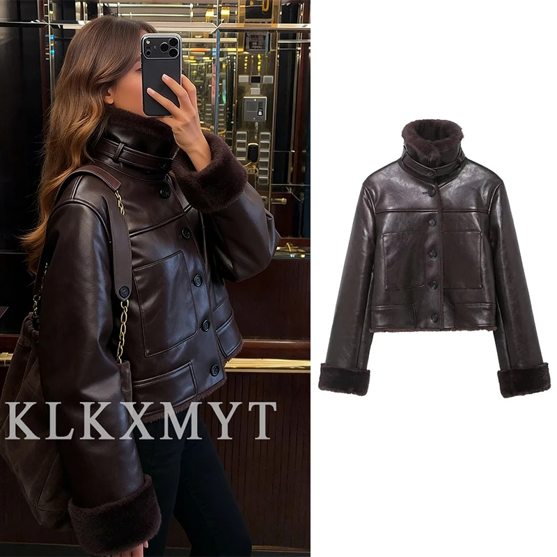 Chaqueta de una pieza de piel para mujer, chaquetas cortas de cuero con botones de manga larga para otoño e invierno, prendas de vestir exteriores de ocio para mujer 2025
