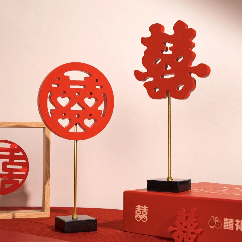 Red Chinese Word XI Wood Crafts Model Decor, Double Happiness for Wedding or Festival, Hm Furnishing Articles Decor