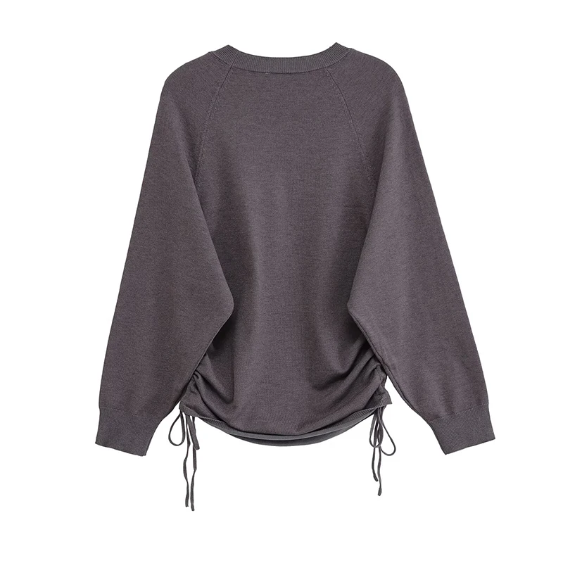 YENKYE New Women Long Sleeve O Neck Gray Knit Pullovers Adjustable Side Draping With Ties Casual Autumn Sweater