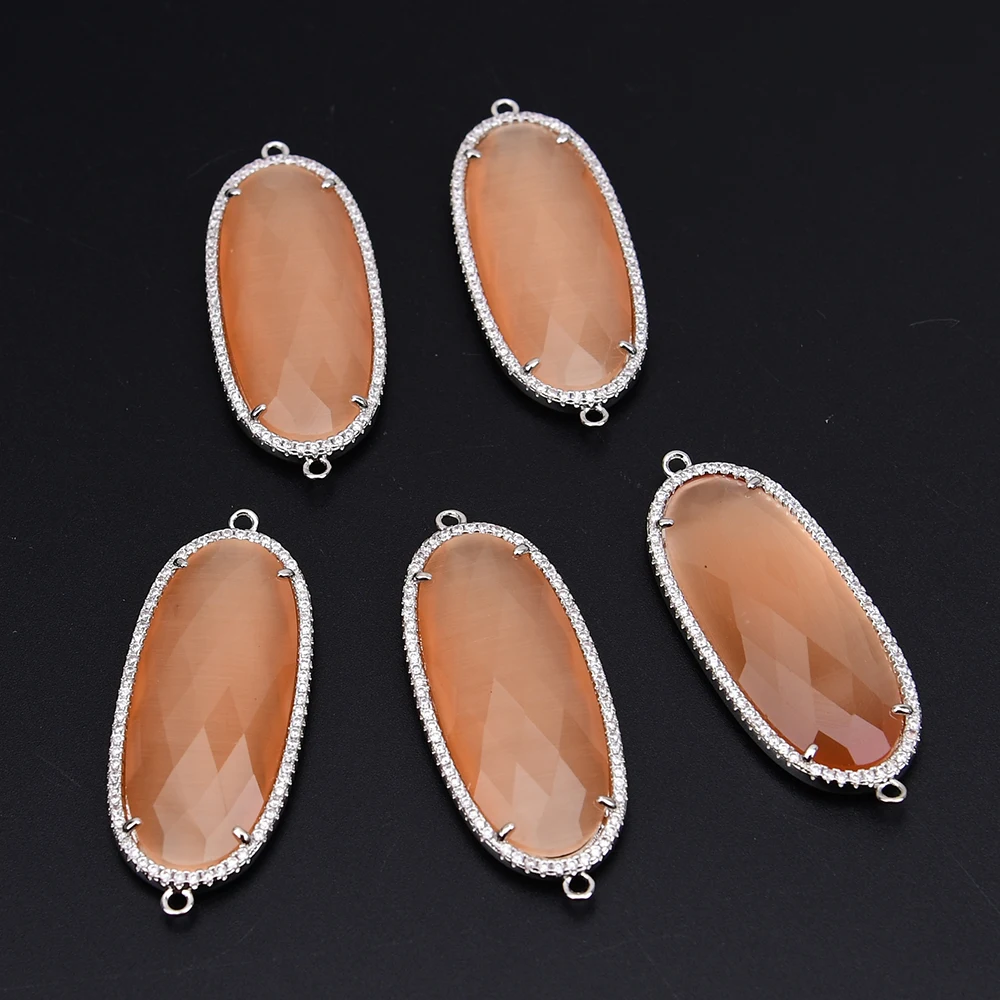 APDGG 5 Pcs Big Natural Orange Cat eye Stone Cz Paved Sliver Color Connector Pendant Jewelry Making DIY