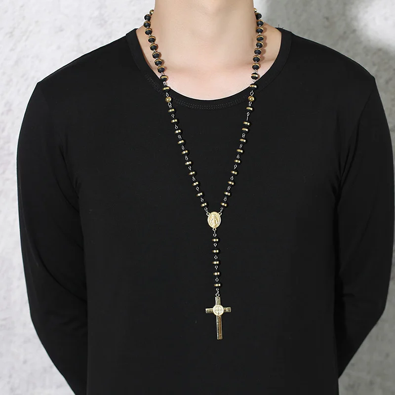 Long Chain Rosary Necklace for Men Women,Stainless Steel Bead Chain Cross Pendant Jewelry