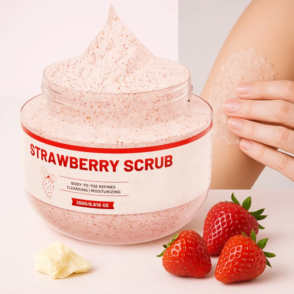 Exfoliante de fresa, limpieza profunda para mejorar la calidad de la piel, exfolia la piel con extracto de planta, cuidado corporal y de los pies para adultos, 8,8 oz