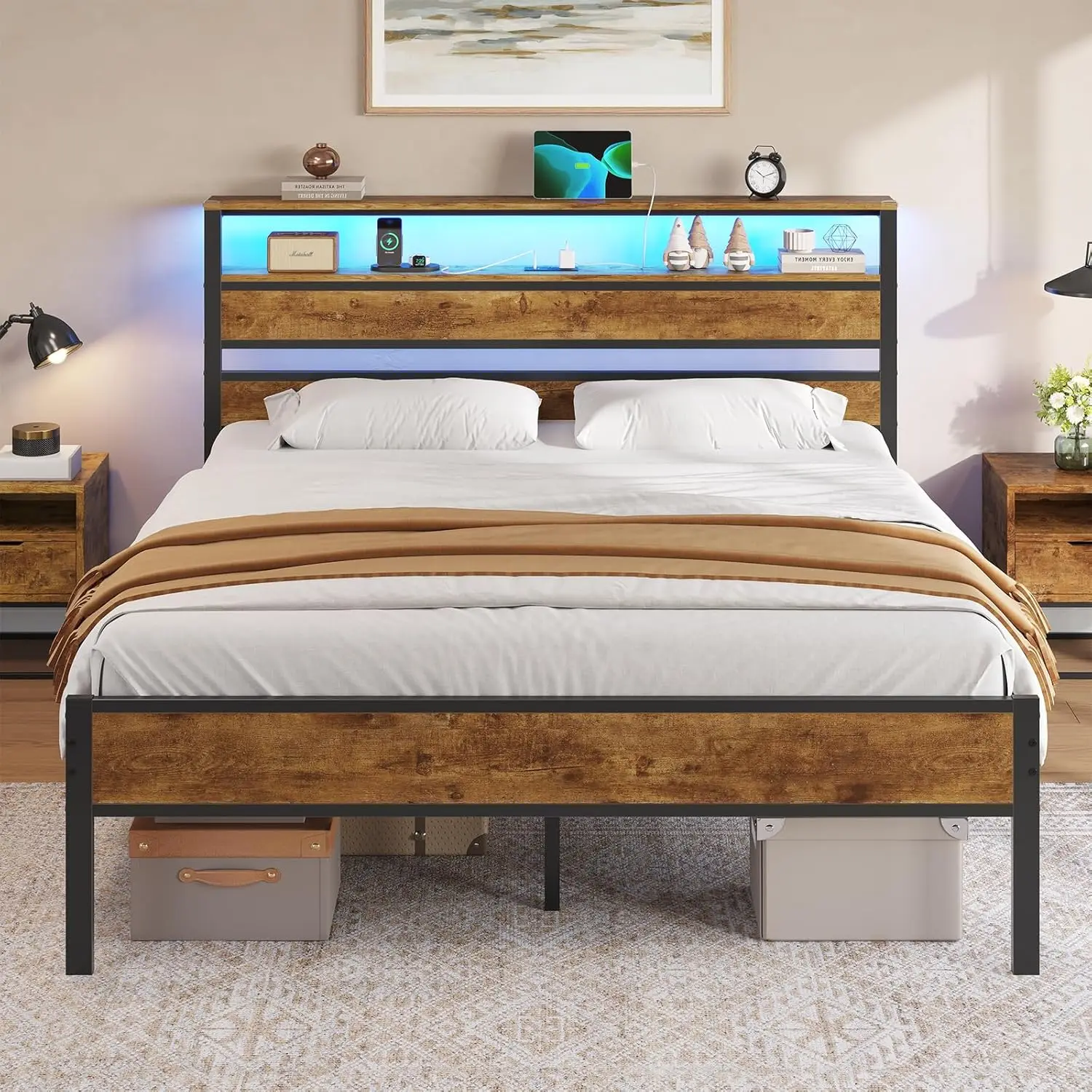 

Каркас кровати Queen-size 18 дюймов с зарядной станцией, светодиодным изголовьем, полкой и металлическими ламелями, без пружинного блока, на заказ