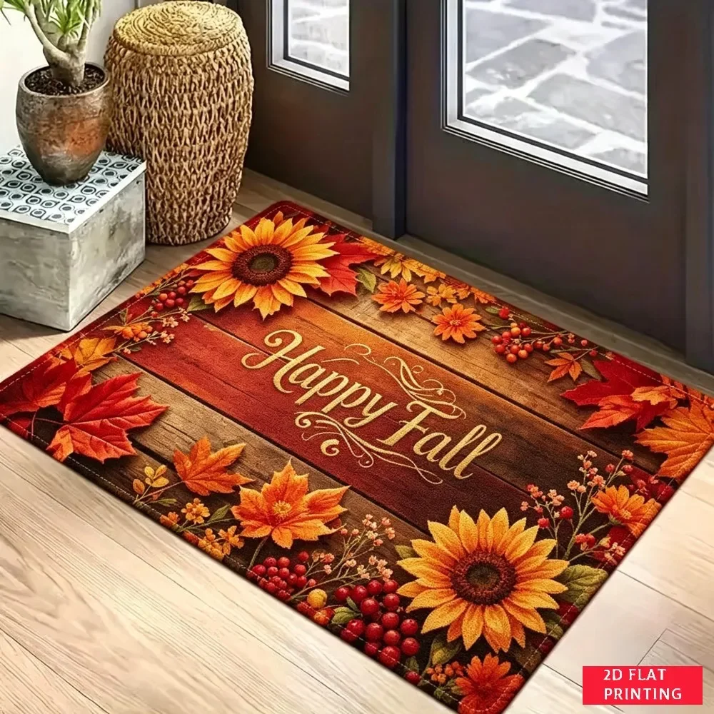 Happy Fall Sunflower Door Mat Autumn Leaves Berry Print Non Slip Absorbent Floor Mat For Seasonal Front Porch Home Decoration