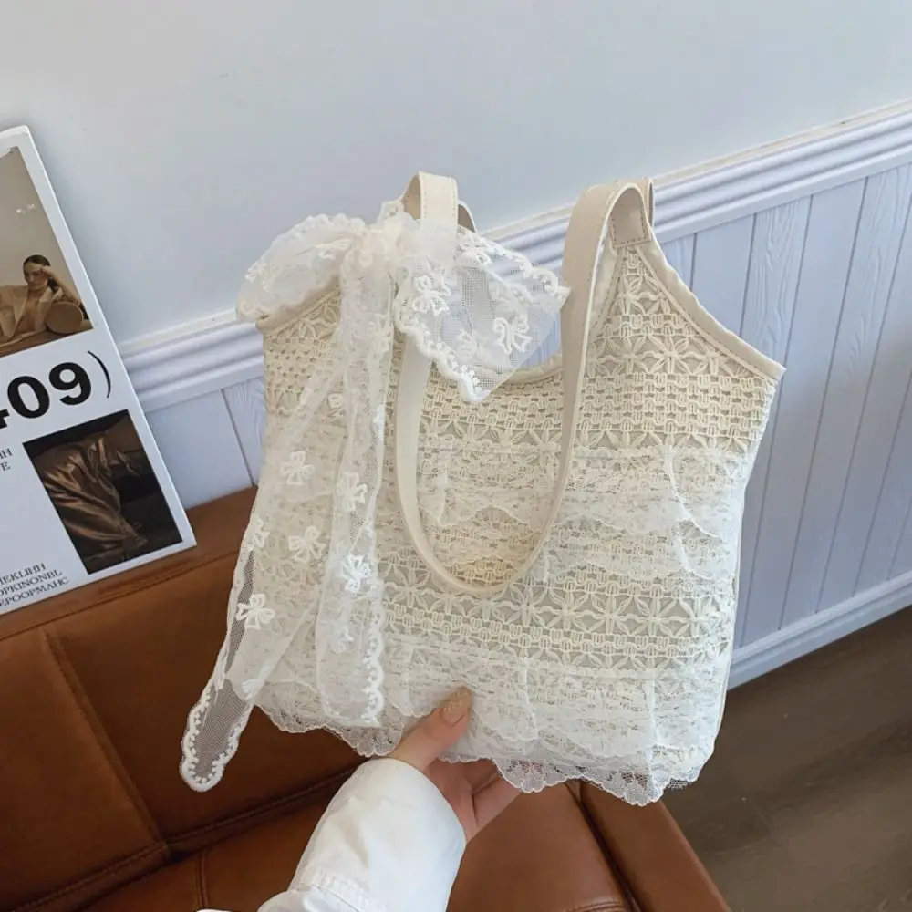 

Big Pouch Tote Bag Lace Shoulder Bag With Ribbon Korean Style Simple Canvas Handbag Cloth Simple Large Capacity Bag School