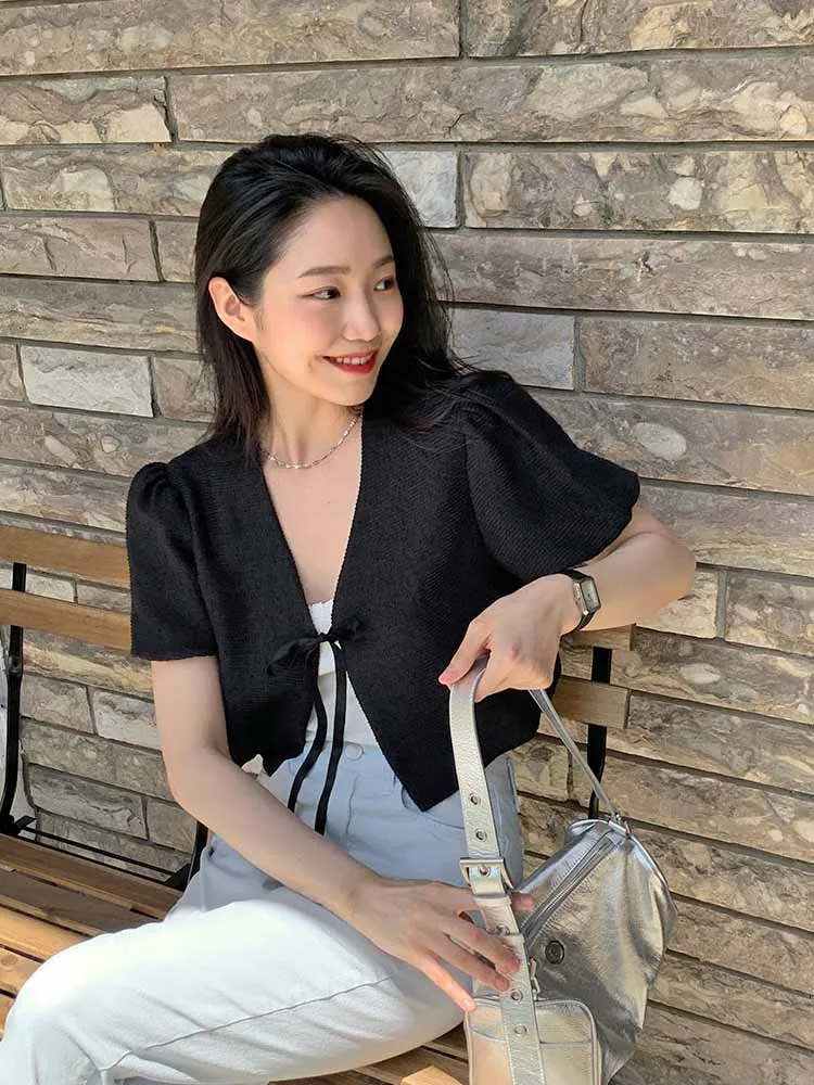 Top da donna Small Fraance Sle Tweed Jaet ort Design Bubble Sve V-Ne ort Sve per donne piccole