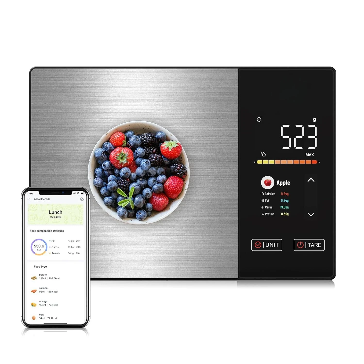 Kitchen Scale Stainless Steel 5000g with TFT Color Display Bluetooth App 999+ Foods 24 Nutrients Analyzer Black