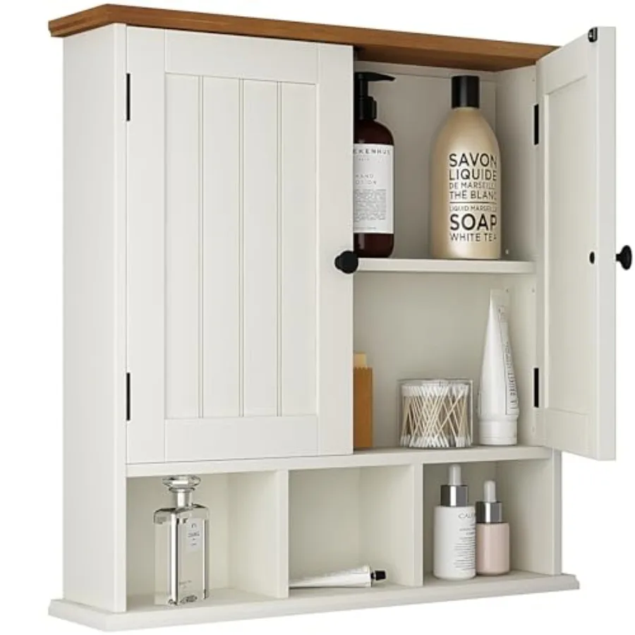 

Bathroom Cabinet Wall Mounted 2-Door with 3 Open Shelves Wooden Medicine Cabinets with Adjustable ShelfSpace Saver Storage Cabi