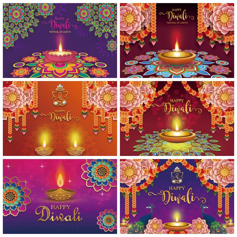 

Indian Diwali Festival Photography Backdrop Candle Fireworks Mural Photo Background Light Oil Lamp Decorations Wall Banner