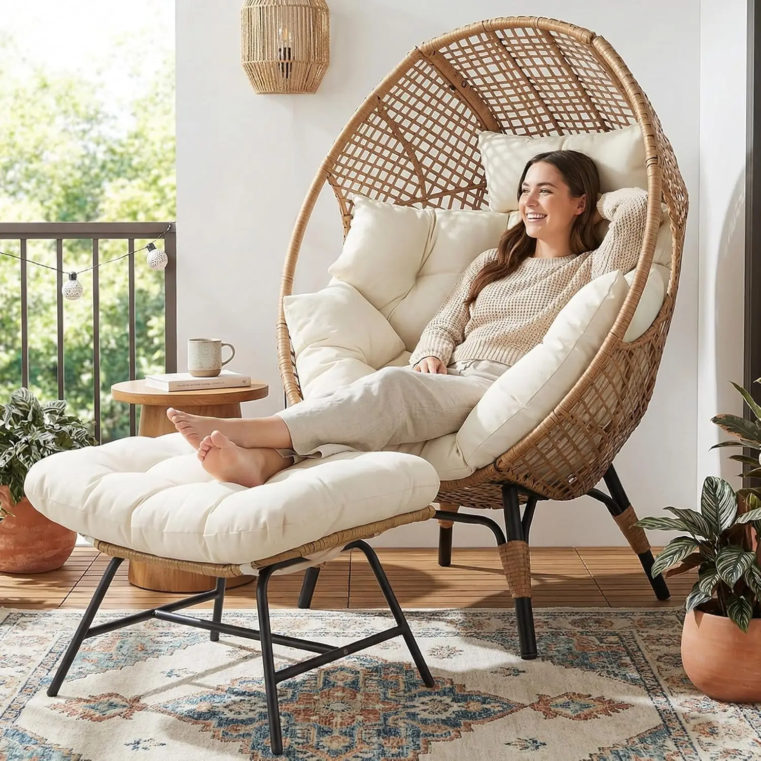 Indoor Outdoor Egg Chair with Ottoman Thick Cushioned Lounge w/Footrest 440lbs for Patio Balcony Bedroom Sunroom, Customized