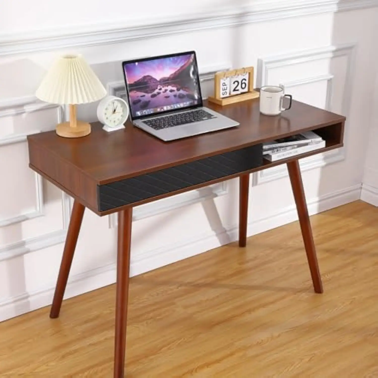 

42 Inch Mid Century Home Office Writing Desk, Modern Simple Computer Desk with Drawer and Open Storage Cubby, Small Vanity Tabl