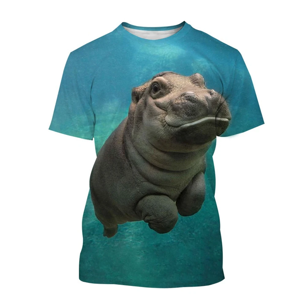 Hippo 3D printed T-shirt, fashionable and personalized ocean animal hip-hop rock casual men\'s T-shirt