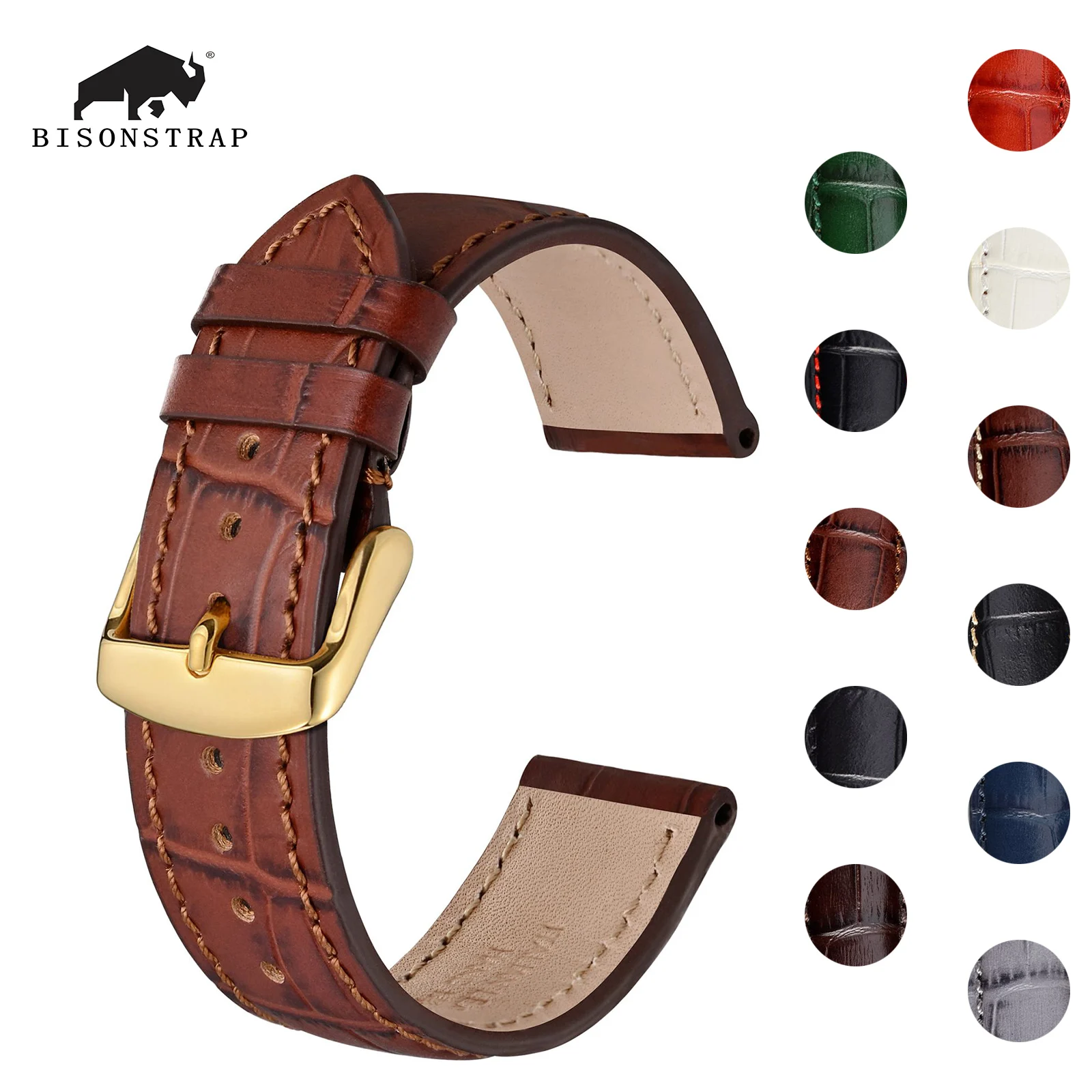 

BISONSTRAP Genuine Leather Watch Band ,Classic Replacement Watch Strap,14mm 18mm 19mm 20mm 21mm 22mm 24mm Watchbands,Gold Buckle
