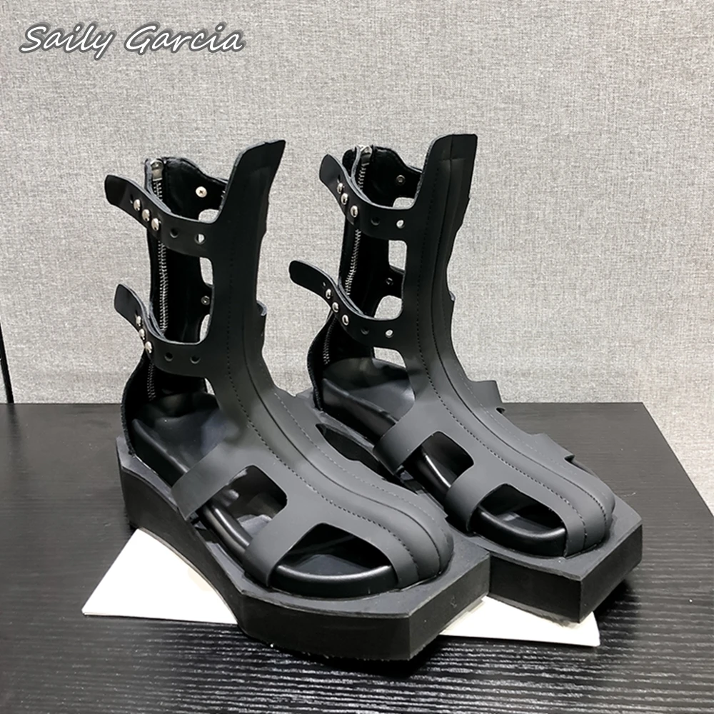 Black Back Zipper Hollow Sexy Mid Calf Summer Boots 2024 Summer New Fashion Women Shoes Square Toe Platform Casual Shoes