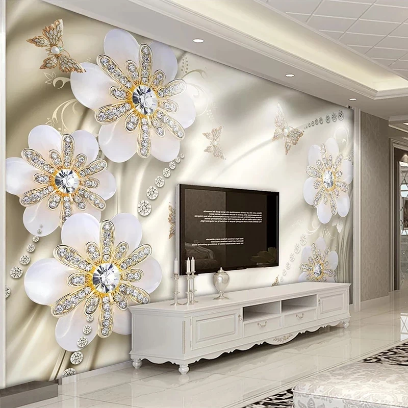 Custom 3D Wallpaper Luxury Golden Jewelry Diamond Flower European Living room TV background wall bedroom restaurant study Hotel