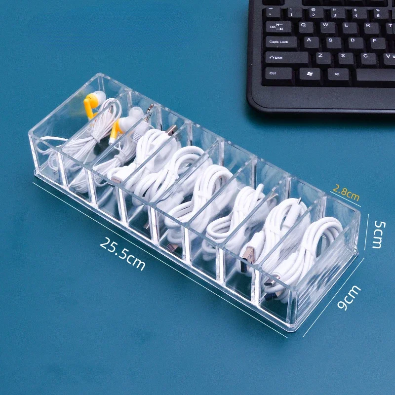 

8 Grid Transparent Plastic Cable Organizer Desktop Storage Box Headphone Wire Organizers Acrylic Storage Box With Cover