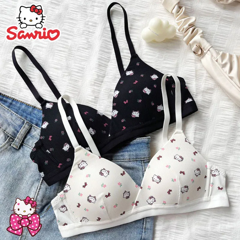 Sanrio Hello Kitty Bra Sexy No Wire Push Up Underwear Girls Students Breathable Cute Cartoon Female's Bra Breathable Gathered