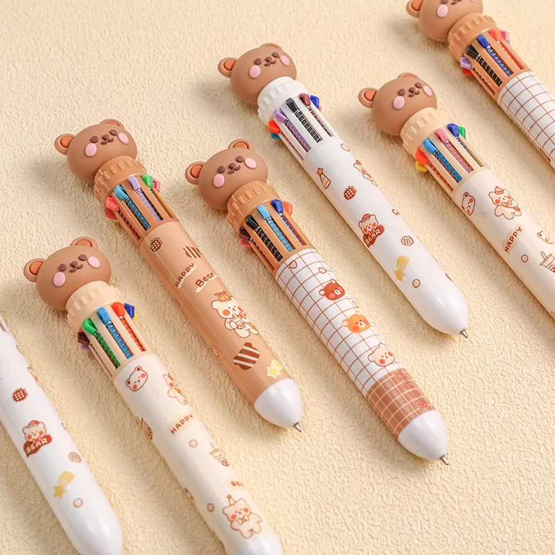 10 Colors Cartoon Bear Ballpoint Pen, 0.5mm Colorful Ink Silicone Kawaii Gel Pens, Korean School Office Stationery