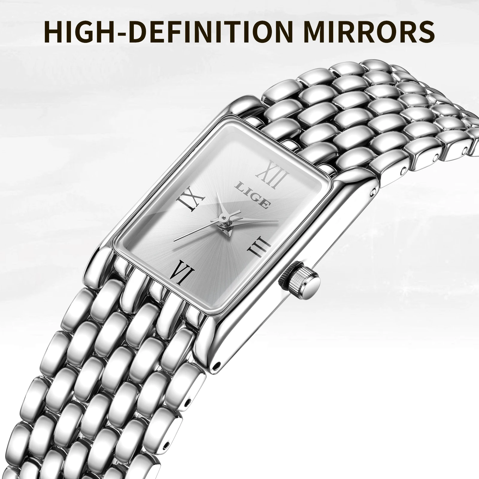 LIGE Luxury Women Watches Fashion Rectangle Woman Quartz Watch Stainless Steel Band Wristwatches Reloj Mujer+Box