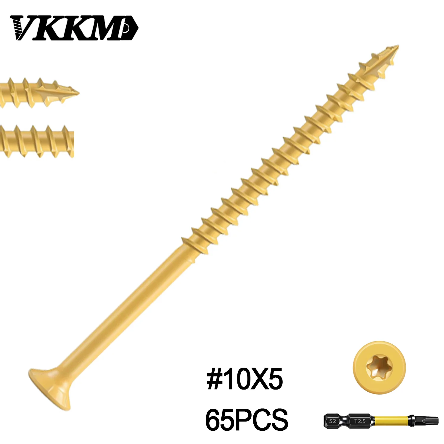 #10 x 5 Inch Yellow Wood Screws T25 Torx Flat Head Self Tapping Screws 65Pcs with T25 Bit for Deck Fence Woodworking