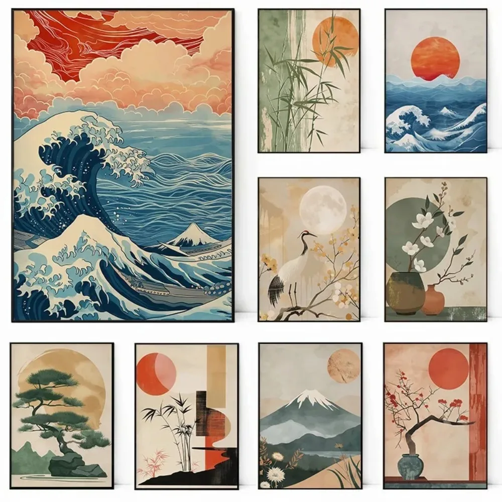 Pósteres japoneses de montaña, ola de mar, pino, sol, bambú, impresión en lienzo, arte de pared, decoración para sala de estar