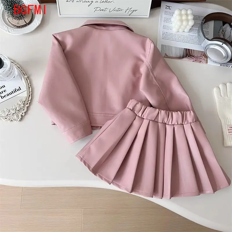 Spring Autumn Girl's Leather Jacket Set - Korean Style Trendy Biker Outfit for Kids, 2pcs with Leather Jacket and Pleated Skirt