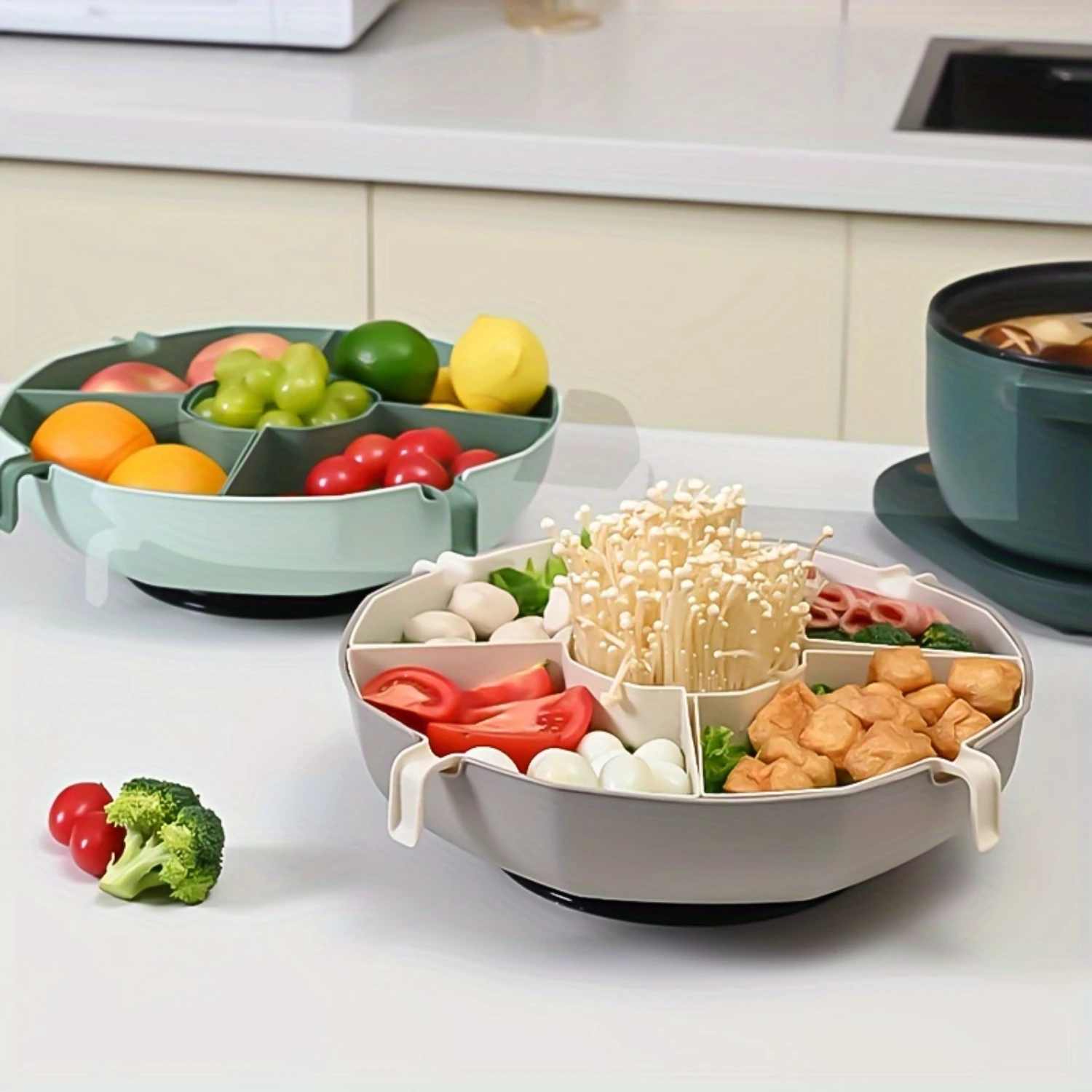 1pc Vegetable Plate And Fruit Plate, 1/2-layer Rotating Hot Pot Drain Basket, Split Household Multi-purpose Rotatable Colander,