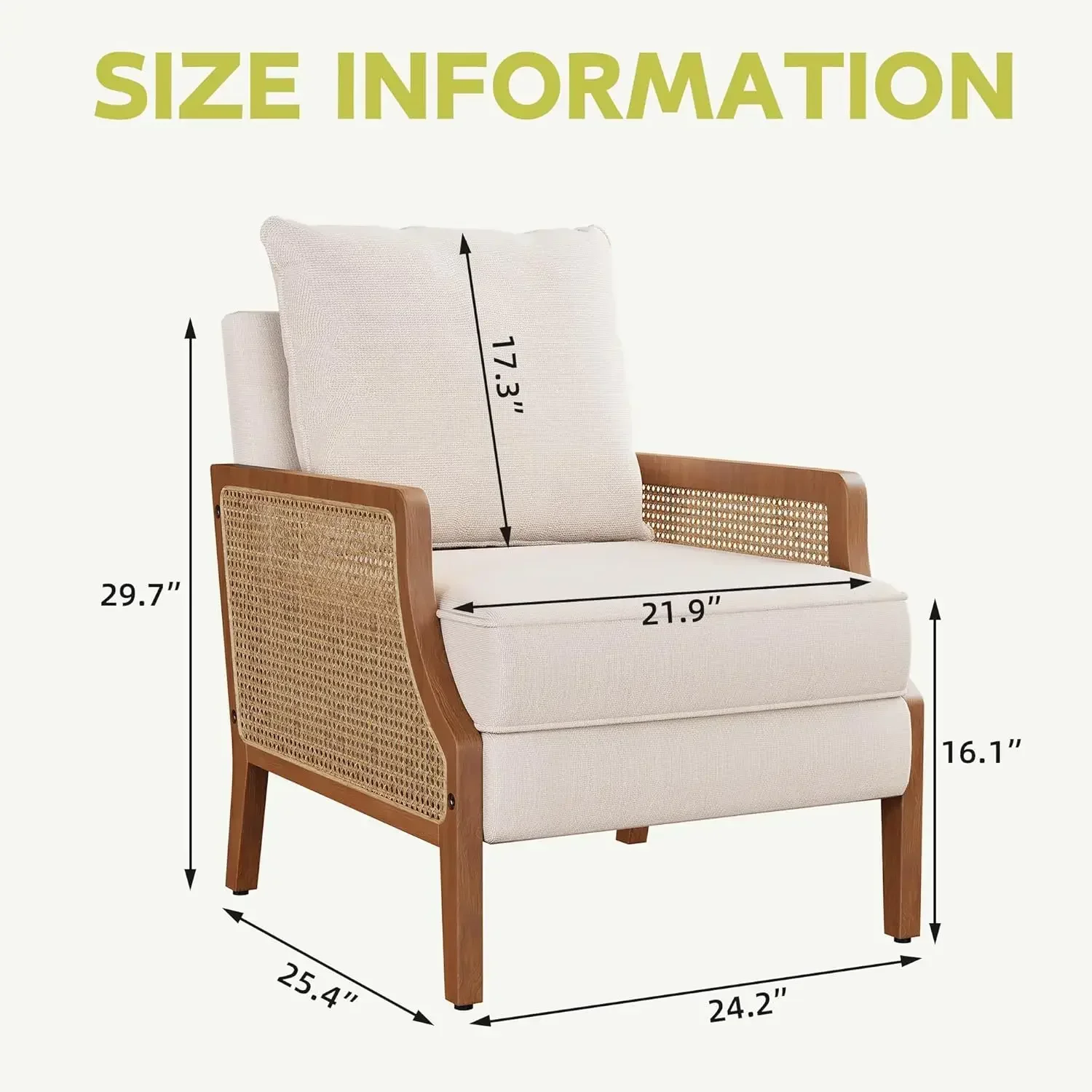 Mid Century Modern Accent Chair Upholstered Living Room Chairs Armchair with Rattan Armrest Comfy Reading Chair