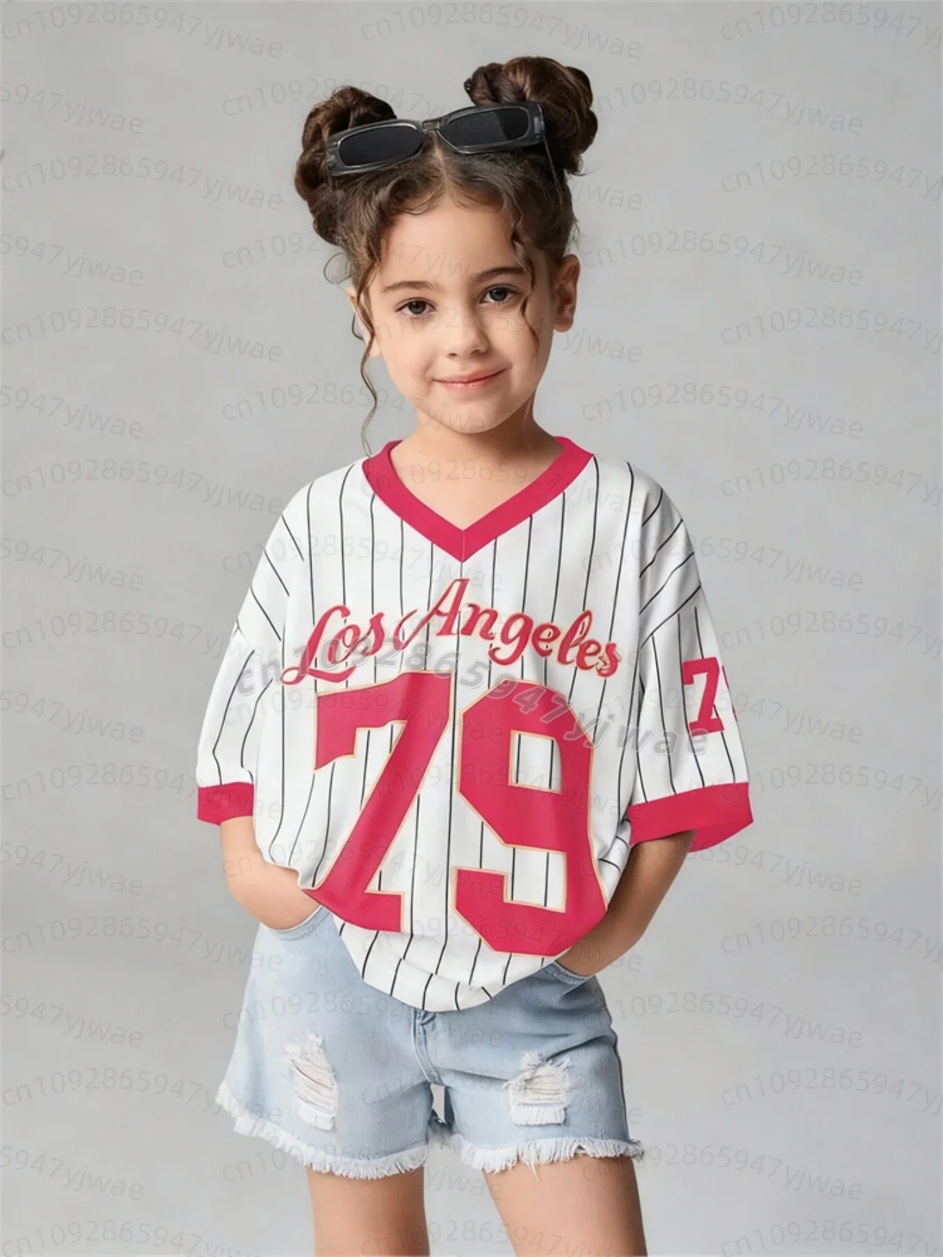 26 Mädchen Freizeit-Sportstil Los Angeles Nr. 79 Muster Farbblock-Print Kurzarm V-Ausschnitt Damen Kinder Erwachsene T-Shirt – Detail 10