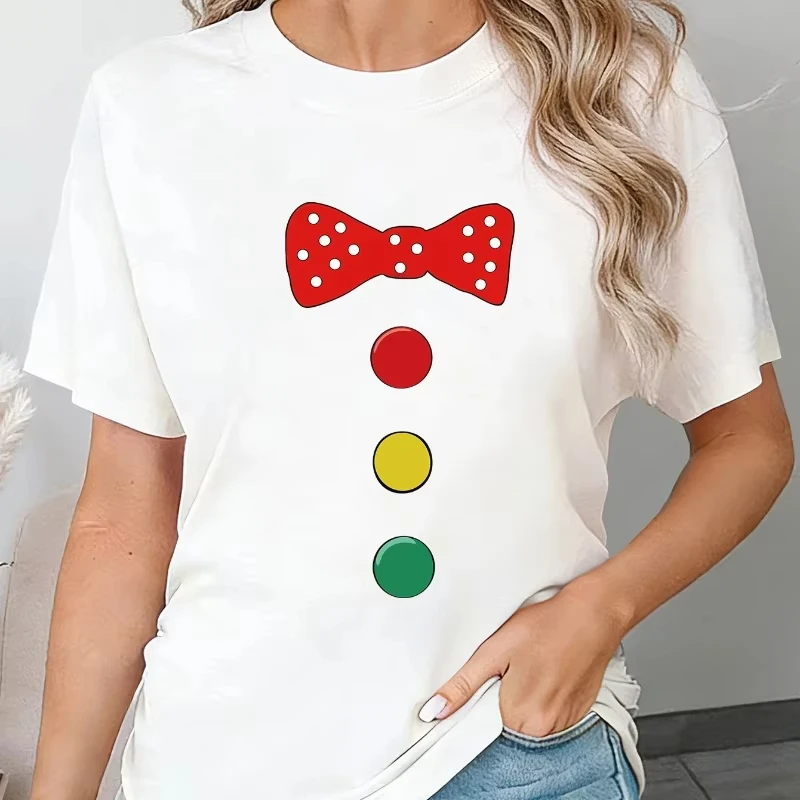 Unisex T‑shirt Clown Bow Tie Colorful Buttons Graphic Tee Crew Neck Short Sleeve Funny Party Carnival Casual Festival Print Top