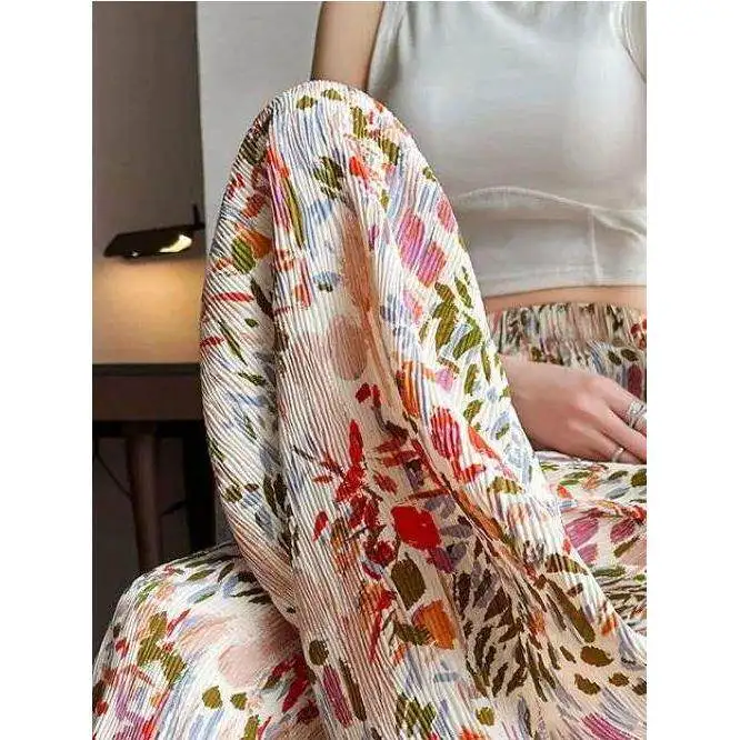 Casual Pleated Fabric Wide Leg Pants High Waist Trousers Nine Points Drapey Polyester for Middle-Aged Women Summer 2026