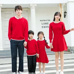 New Year 2023 Family Matching Red Sweater Christmas Dad Son Knit Jumper Tops Chinese Mother Daughter Combination Knitted Dress