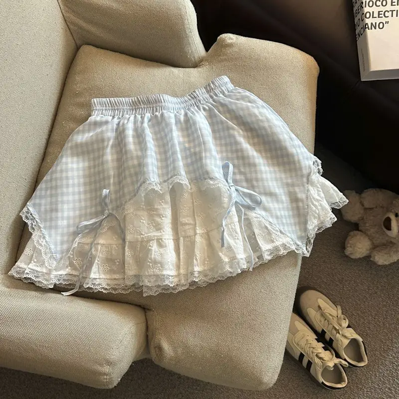 

Japanese Sweet Plaid Stitching Lace Skirt Women New Slim Irregular Fashion Fluffy Skirts Harajuku Kawaii High Waist Outfits 2025