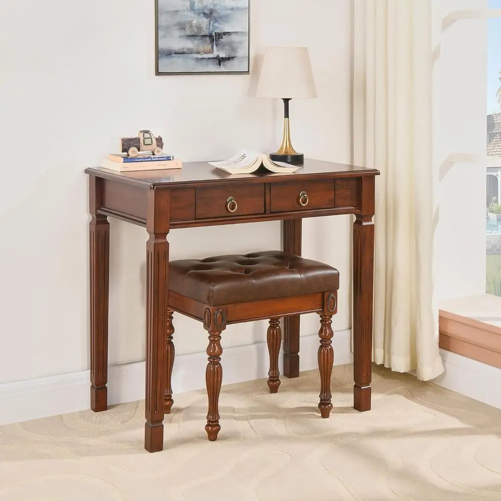 Solid Wood Small Makeup Vanity Table Set, 31.5"W Narrow Wooden Dring Vanity Desk with 2 Storage Ders and Upholstered Stool, Comp - view 5