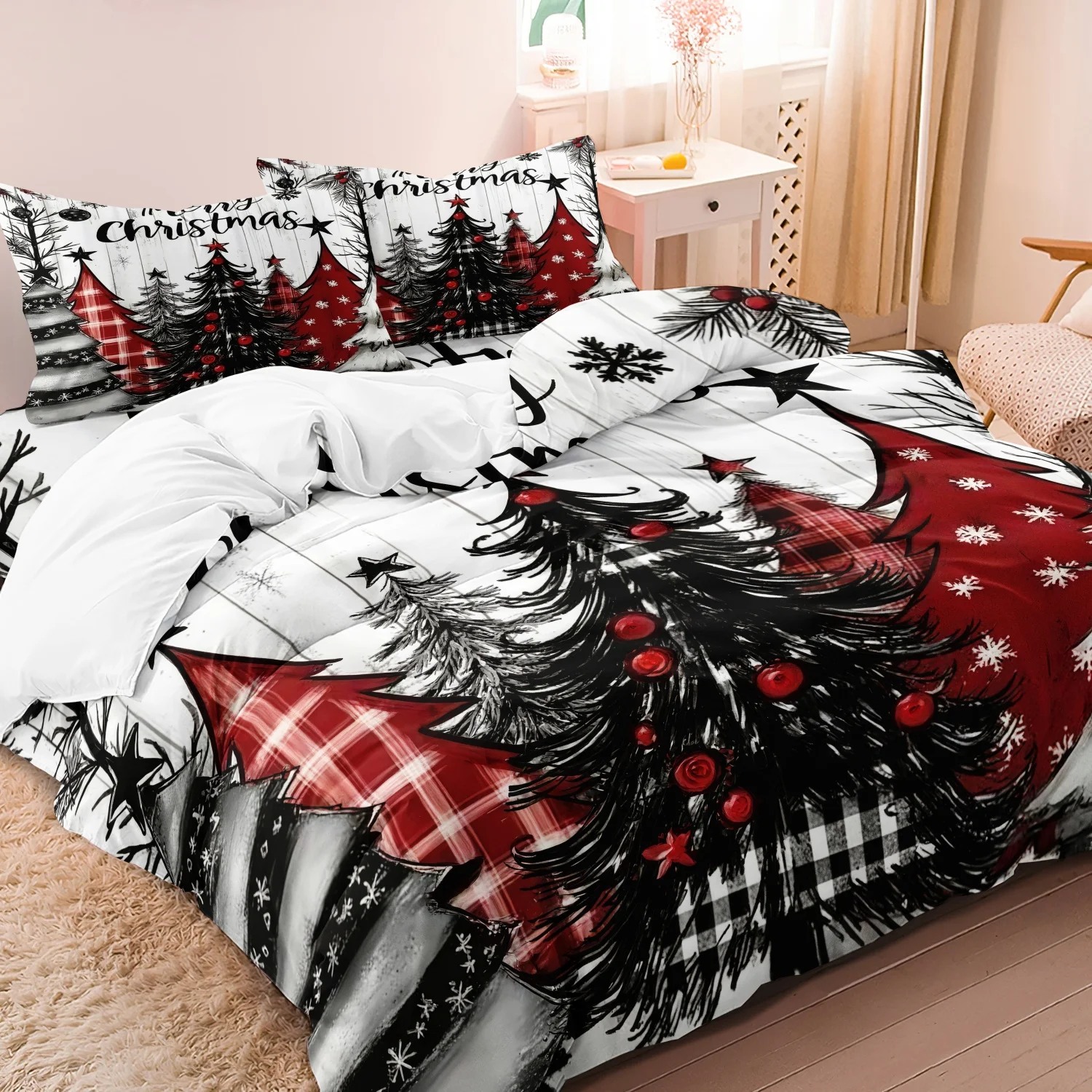 3Pcs Christmas Print Duvet Cover Set, Red Black Buffalo Plaid Christmas Tree Snowflake Merry Christmas Text Print Bedding