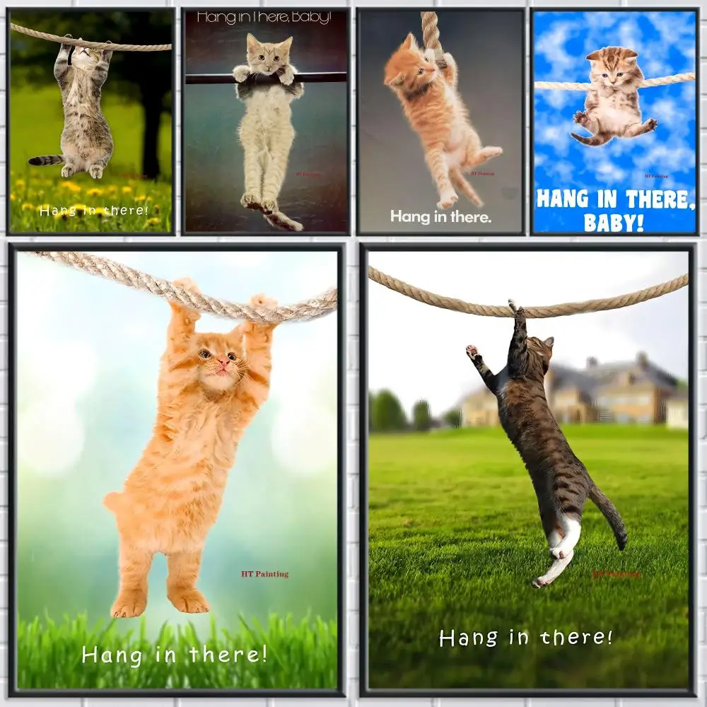 Hang In There Baby Cat Yoga Painting Calligraphy Canvas Poster Room Home Wall Decoration Painting Art  Spaces Anti-wrinkle