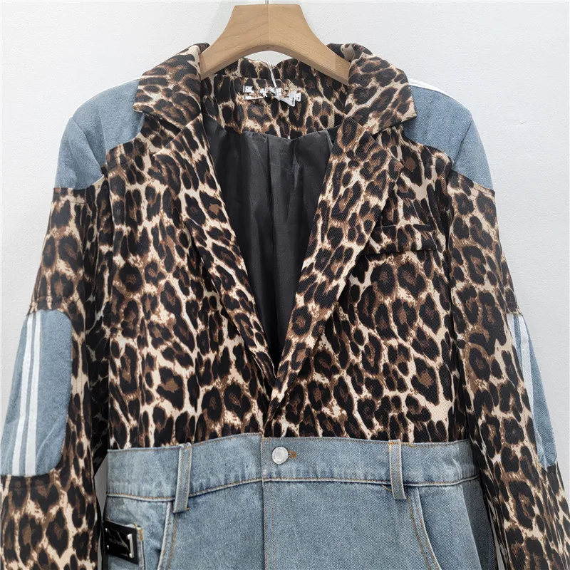 Vrouwen Luipaard Gedrukt Gesplitst Denim Pak Jas Cowboy Patchwork Jeans Blazers Jas Lente Herfst Cowboy Vest Tops 2025