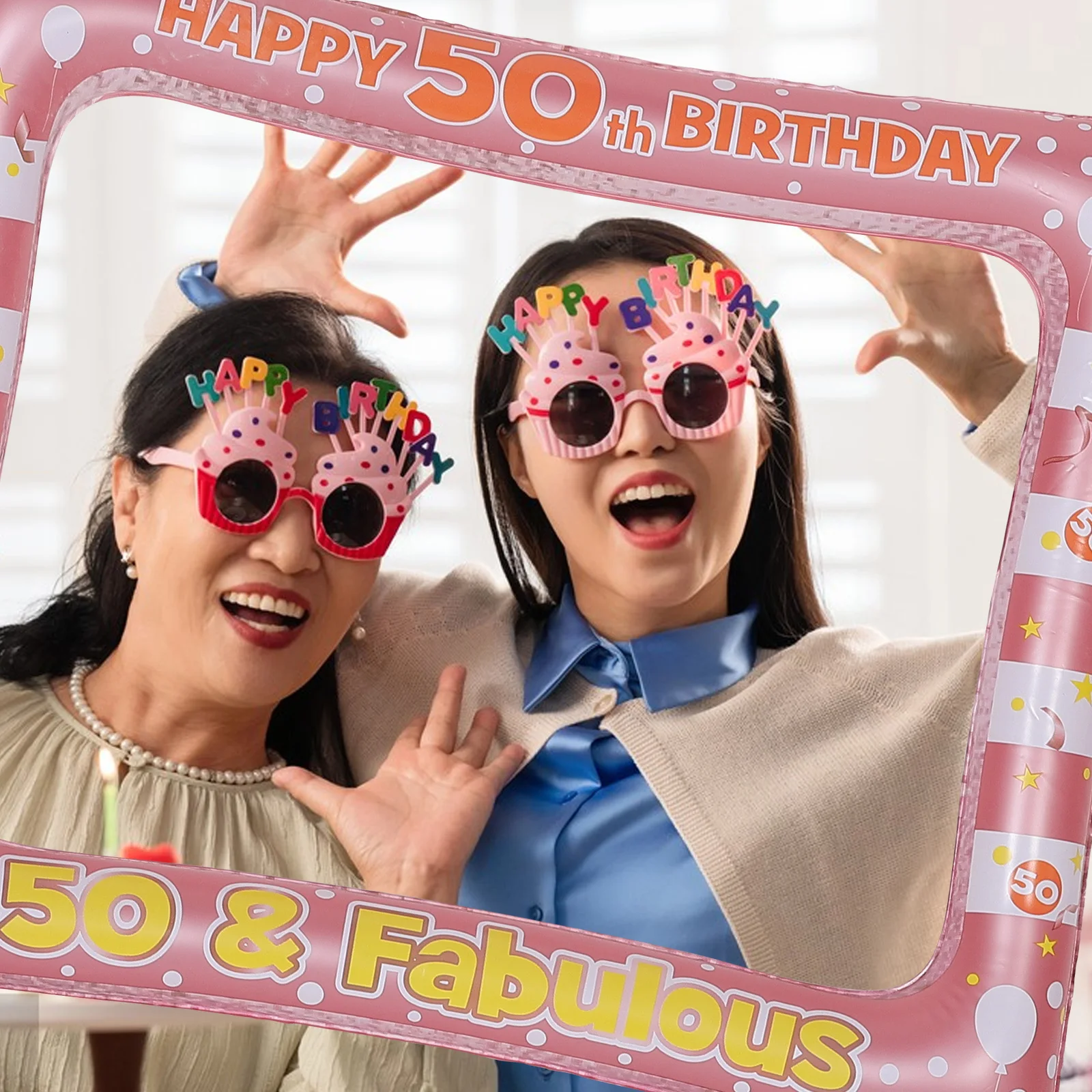 

Inflatable Photo Frame Happy Birthday Rose Gold Selfie Props for Party
