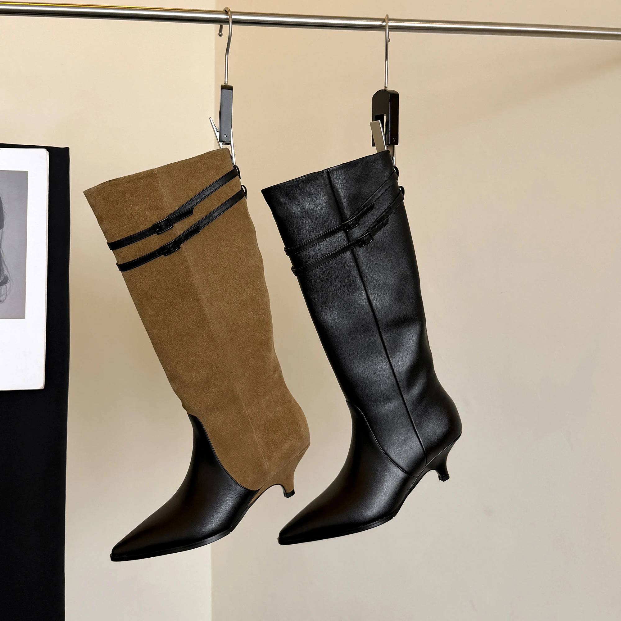 Fashion Winter Women Knee High Boots Pointed Toe Woman Cow Suede Leather Shoes Low Kitten Heels News Long Boots Dress Size 34-40