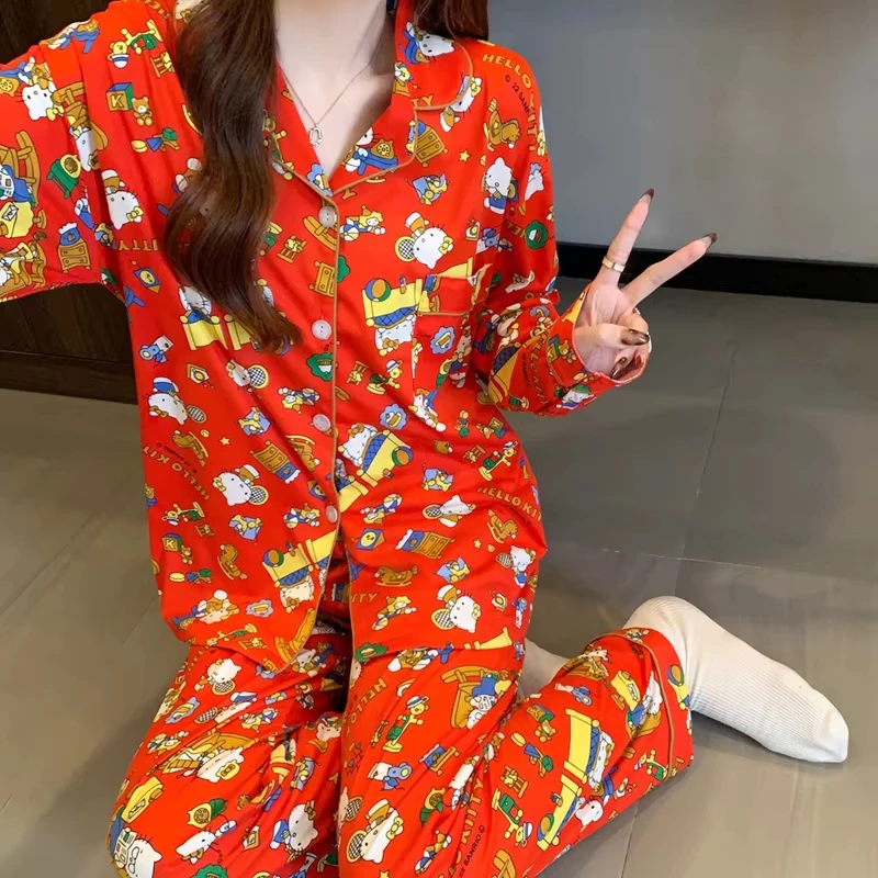 Bonito olá kitty conjunto de pijama vermelho presente de natal manga longa outono loungewear pijamas confortáveis homewear pijamas femininos