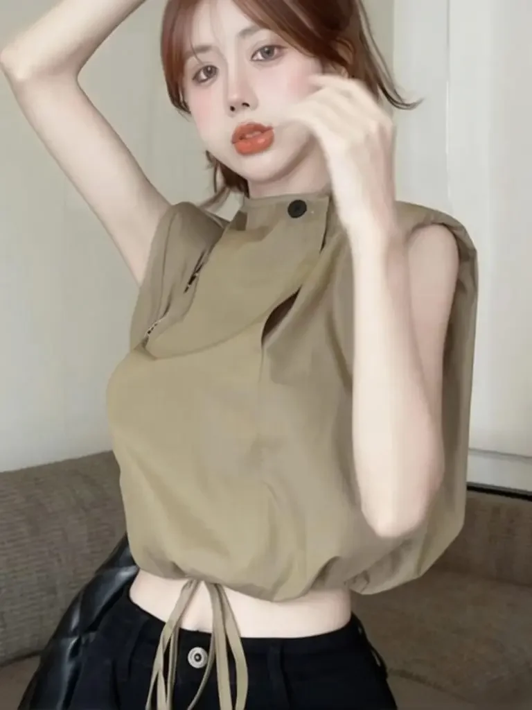 Stylish Stand Collar Cropped Top Women Diagonal Button Short Drawstring Waist Sleeveless T Shirt With Shoulder Pads Tee