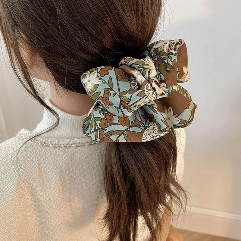 Woman Large Elegant French Fragmented Flowers Printing Elastics Hair Band Senior Scrunchies Ponytail Hold Girls Hair Accessories