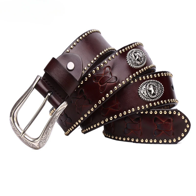 3.8CM New Western Cowboy Pin Belt Leather Alloy Belt Buckle Woven Men's Rivet Head Layer Cowhide Knight Personality Punk Belt