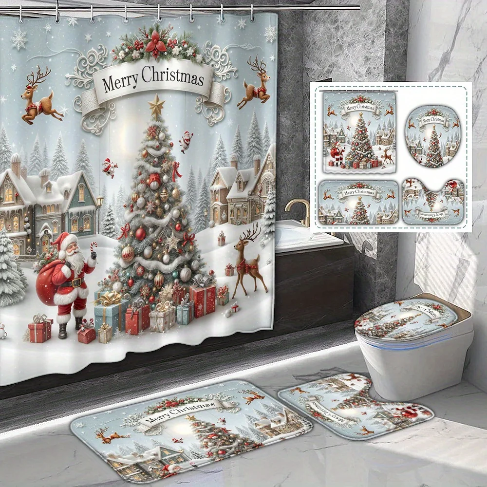 4PCS Santa Gift Tree Print Shower Set, 12 Hooks, Non-Slip Bath Mat, Toilet Lid Cover, U-Seat Cover, Holiday Bathroom Decor