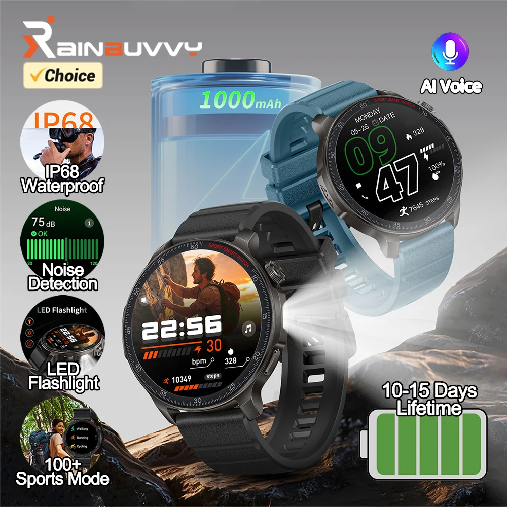Rainbuvvy HT48 Smart Watch 1000mAh 10-15 Days Lifetime 1.46 Inch IPS Display AI Voice IP68 Waterproof Outdoor Sports Smartwatch