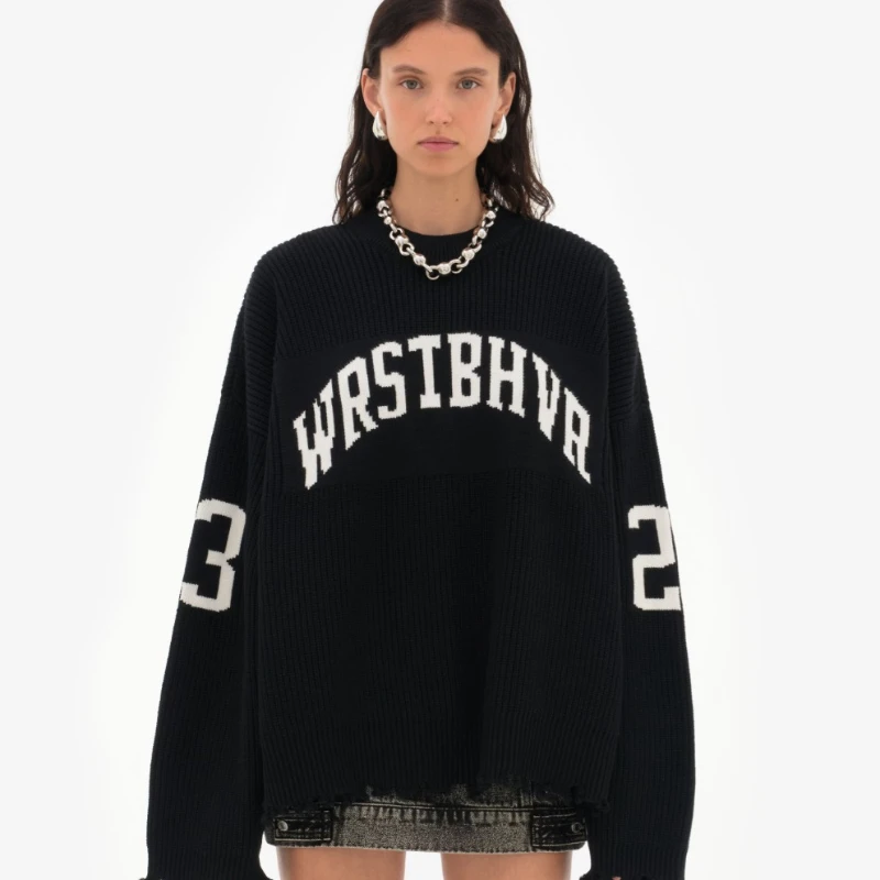 Moda solta carta jacquard malha pulôver feminino 2025 outono inverno highstreet cinza preto macio camisola hottie versátil topo