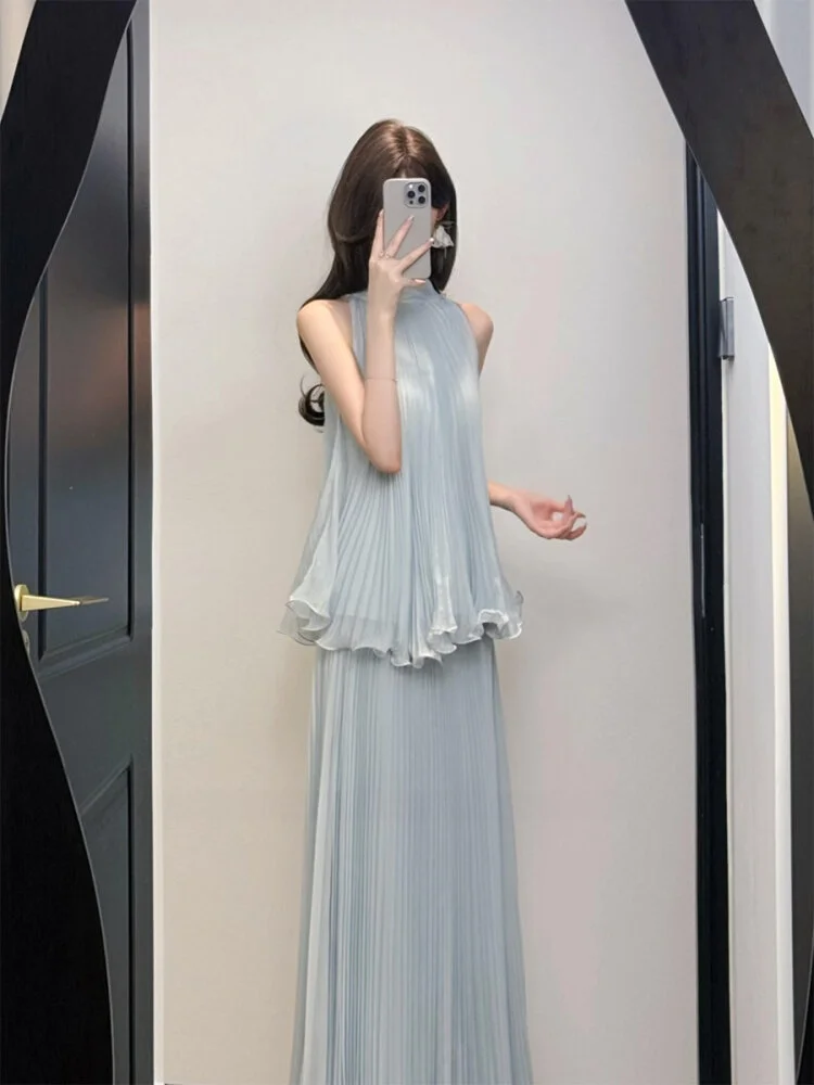 

Vacation Style Women's Set Gentle Ruffle Halter Top Pleated Skirt Fairy Tale Two-Piece Suit Breathable Casual Wear
