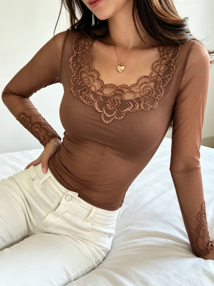 Spring Autumn Women Long Sleeve T-Shirt, U Neck Mesh Lace Patchwork, High Stretch Slim Fit, Sexy Versatile Casual Daily Top