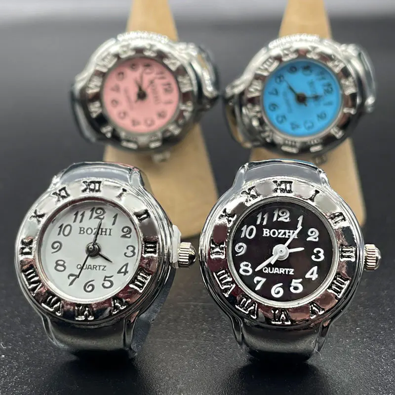 Kiss Jewelry Vintage Silver Color Elastic Strap Quartz Watch Finger Rings Women Men Couples Punk Roman Numerals Clock Ring Gift